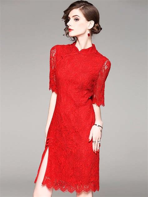 Red Lace Half Sleeve Qipao Cheongsam Party Dress With Images