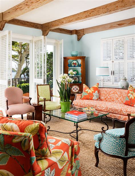 cheerful living room   vibrant prints  ample seating  guests