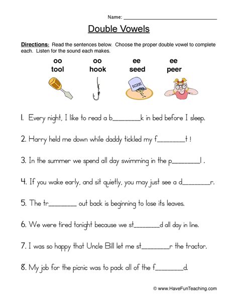 double vowels fill   blank worksheet  teach simple