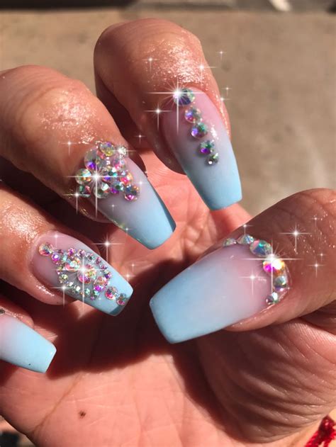 Blue ombre acrylic Nails, Color Powder with rhinestones