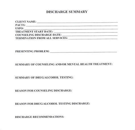 sample discharge summary templates  word sample templates