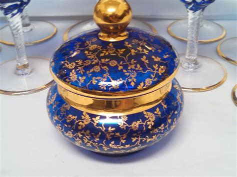 Cobalt Blue Venetian Art Glass Decanter And 8 Wine Glasses Set Gold Trim