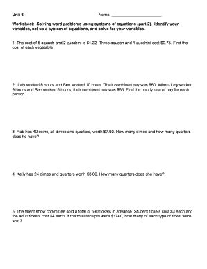 systems  equations word problems worksheet  fill