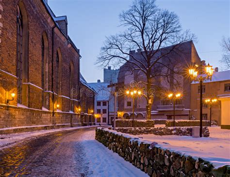 Medieval Street In The Old City Of Riga In Winter Latvia