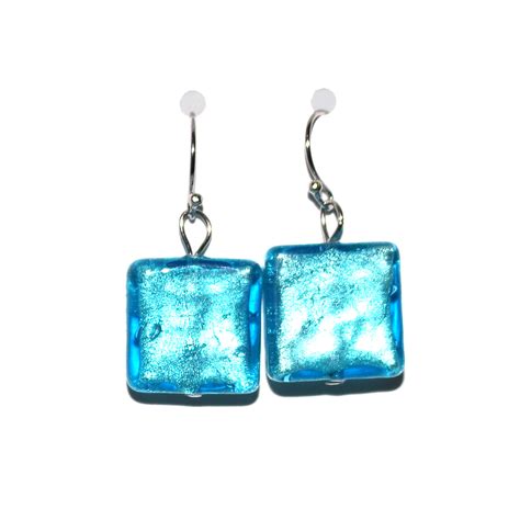 Aqua Blue Square Murano Glass Earrings