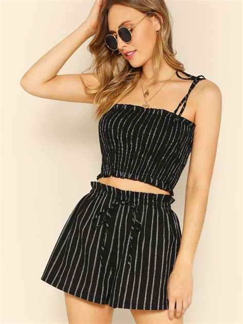 tie shoulder shirred striped top and shorts set shein two piece