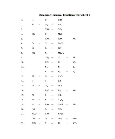 sample balancing equations worksheet templates   documents