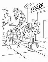 Elderly Groceries Helping Woman Girl Service Carry Her Little Children sketch template