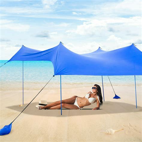 costway family beach tent canopy   poles sandbag anchors  upf blue walmartcom