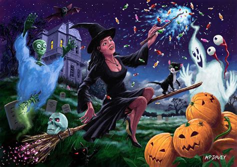 Happy Halloween Witch With Graveyard Friends Painting By Martin Davey