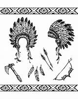 Native American Coloring Symbols Pages Adult Indian Americans Adults Indians Printable Feather Cherokee Hat Axe Archer Arrows Source 123rf Color sketch template