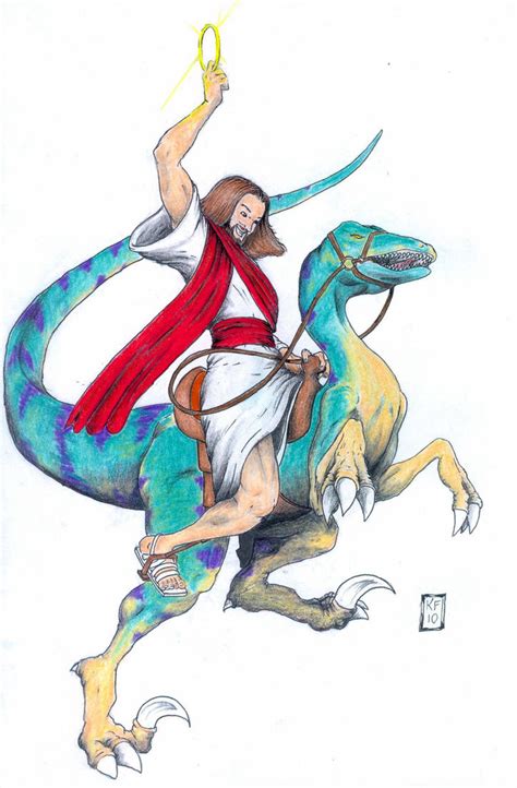 jesus riding  velociraptor  kennethfontanoart  deviantart