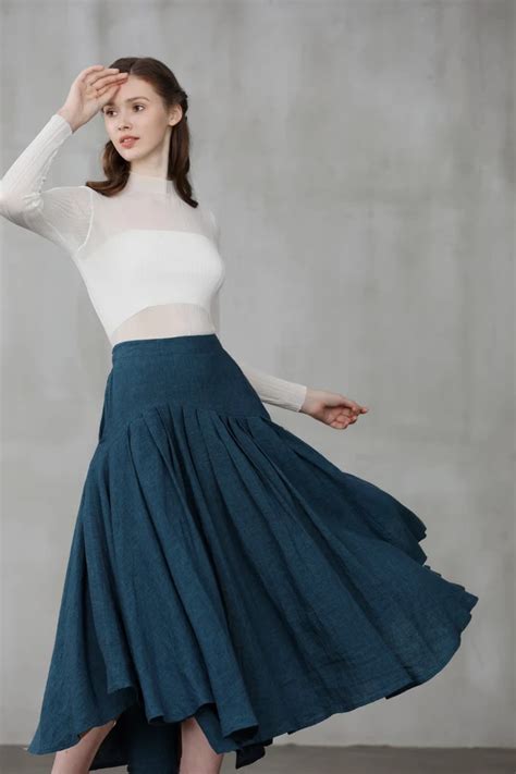 opera  peacock blue linen skirt linen skirt prom skirt pleated skirt winter