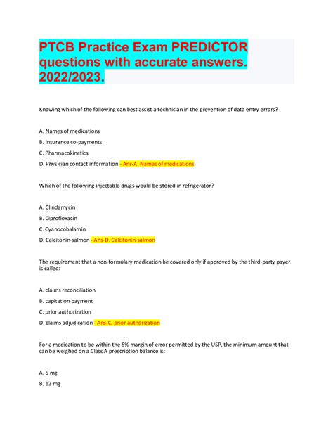 ptcb practice exam predictor questions  accurate answers