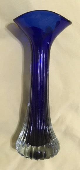 Cobalt Blue Art Glass Vase Heavy Ribbed With Clear Glass Murano Glass