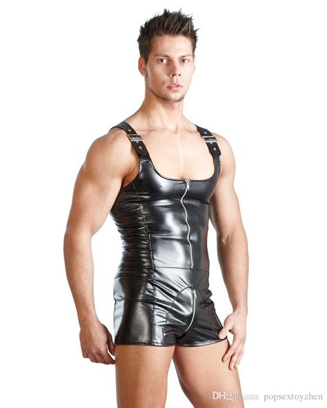 lzyaa pu leather men sexy playsuit faux latex male erotic jumpsuit club stage costume gays sex