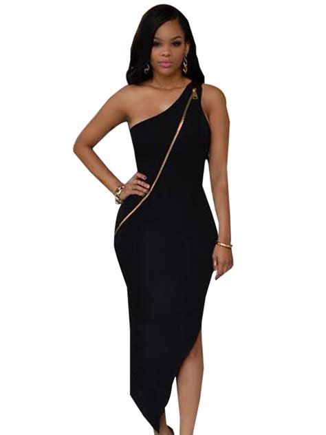 zipper front  shoulder sleeveless black asymmetrical dress party