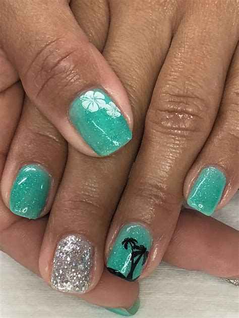 summer vacation palm tree hibiscus glitter gel nails palm tree nails