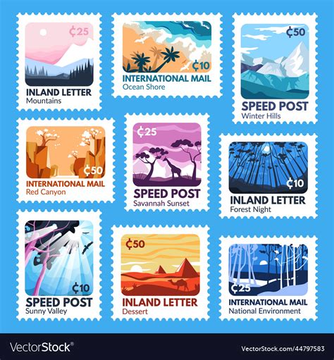 postage stamp design set  colorful landscape vector image