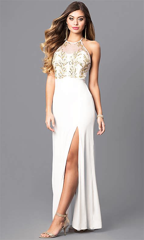Gold Sequin Halter Ivory White Prom Dress Promgirl