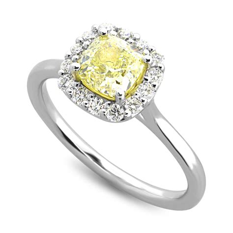 yellow cushion diamond halo engagement ring gold  platinum