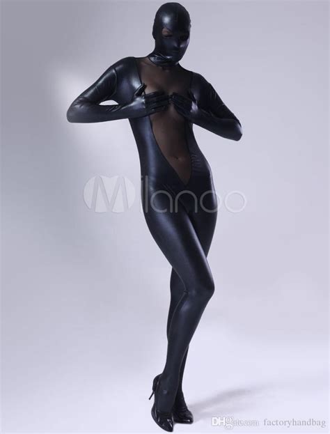 2020 top fashion black metal with v type mesh full bodysuit zentai