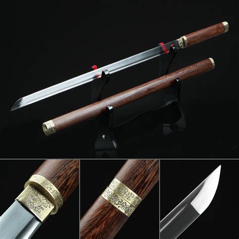 fully handmade chrysanthemum chinese tang straight sword tang dao  brown wooden scabbard