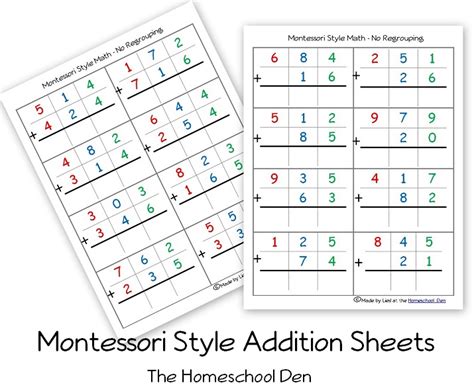 montessori style addition sheets  place  activities