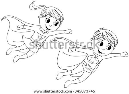 boy  girl superhero kids flying  coloring book isolated stock
