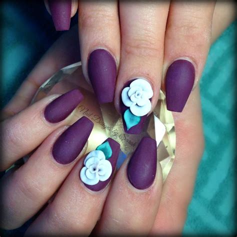 Matte Wine Coffin Nails With 3d Roses Nail Art 3d Nails