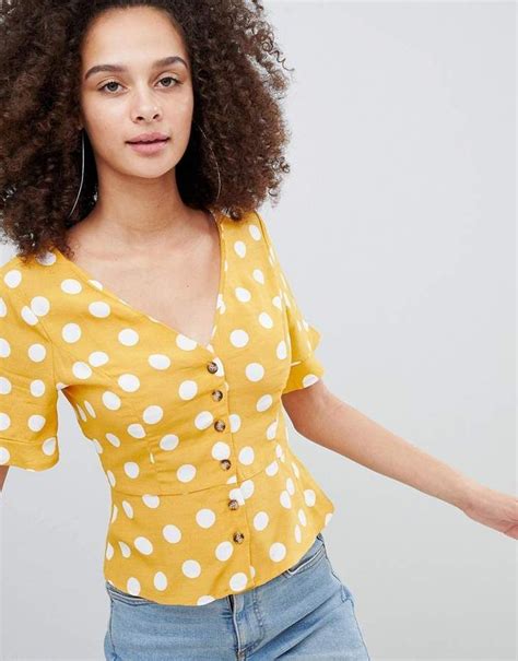 bershka button  polka dot print blouse  yellow bershka asos bershkastyle ootd