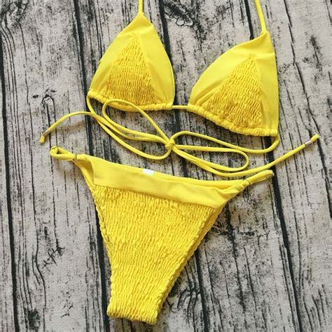 Sexy Bikinis Women Thong Swimwear 2018 Push Up Bikini Set Yellow Low