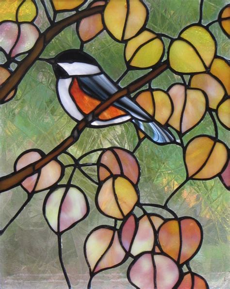 Autumn Chickadee In Glass Stained Glass Birds Stained Glass Panels