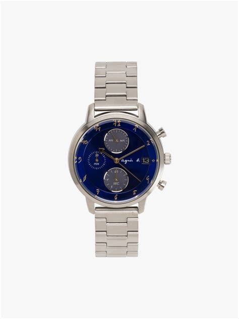men s solar watch with blue dial and steel bracelet agnès b