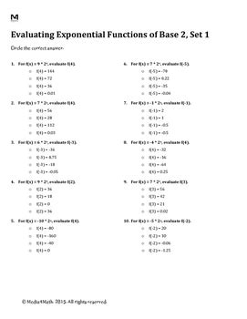evaluating exponential functions  base  worksheet
