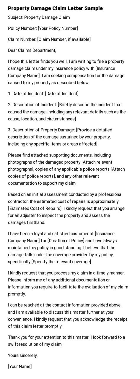 property damage claim letter sample