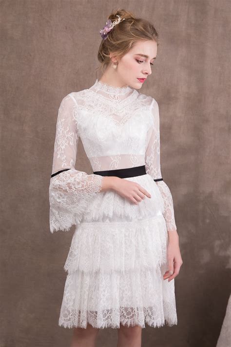 white lace knee length prom dresses  long sleeves np