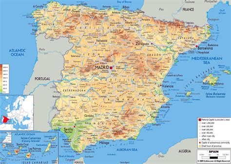 grande mapa fisico de espana  carreteras ciudades  aeropuertos