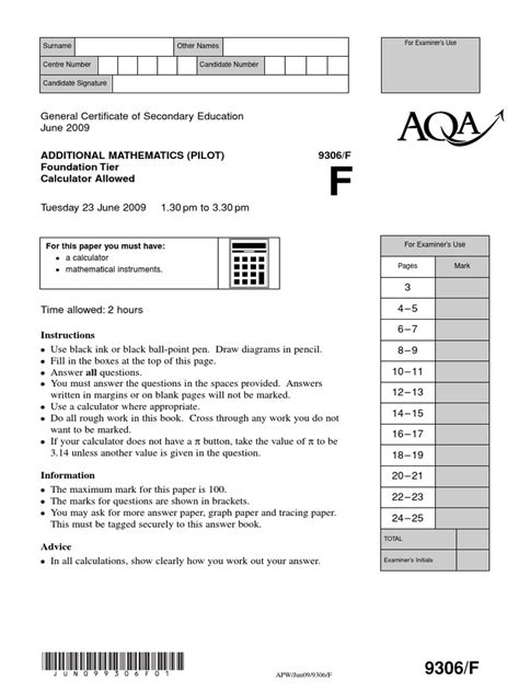 aqa gcse additional maths  june paper foundaion elementary