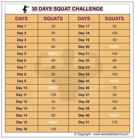 30 days squat challenge archives template to print