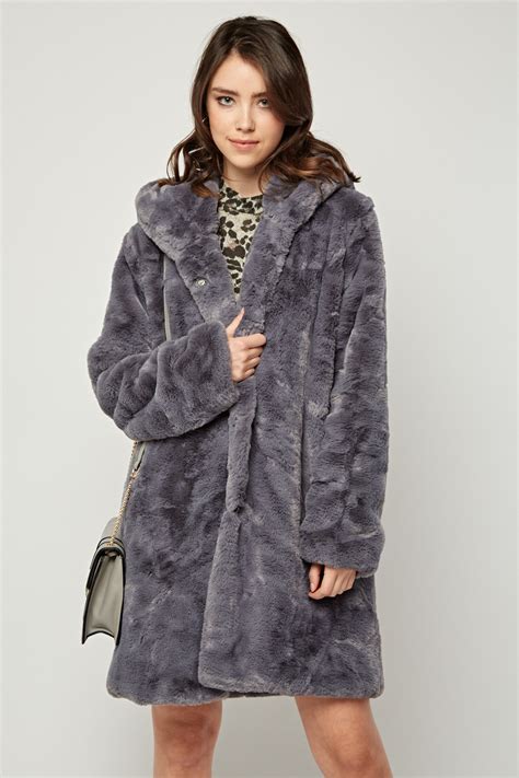 grey faux fur hooded coat