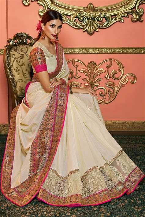 Buy Off White Embellished Silk Saree Online Like A Diva