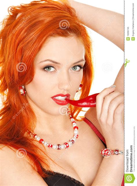 redhead woman with chili pepper stock image image of beauty female 19266745