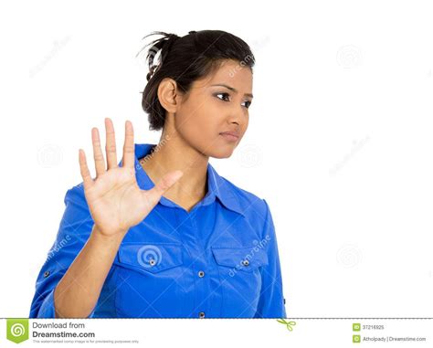 woman  bad attitude giving talk   hand gesture  palm outward stock image image