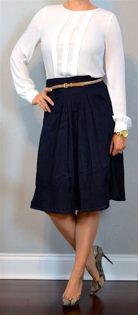 outfit post white pleated blouse navy a line midi skirt pointed toe