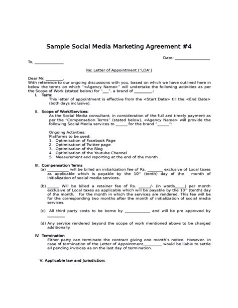 social media contract templates word excel samples