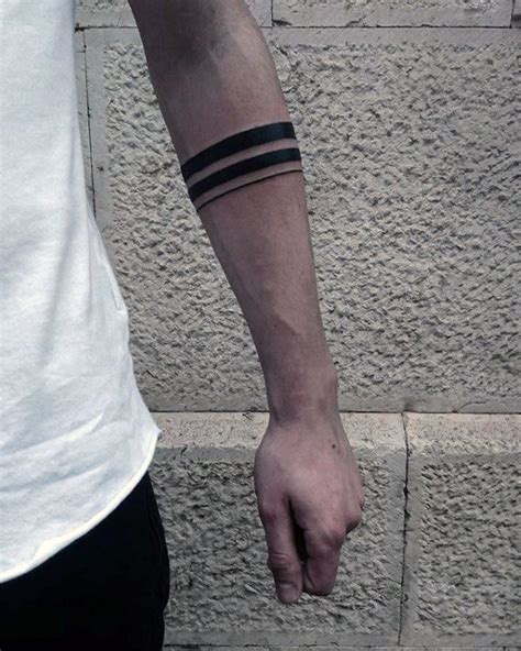 Mens Two Black Band With Thin Solid Line Tattoo On Forearm