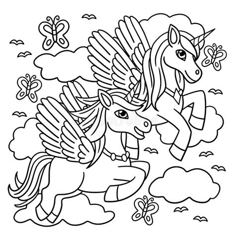 flying unicorns coloring page  kids stock vector illustration