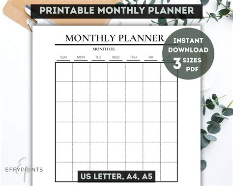 monthly planner printable editable monthly calendar blank etsy