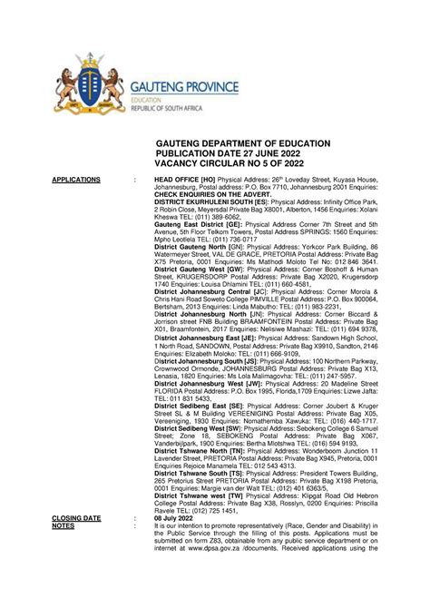 gauteng department  education vacancy circular    june
